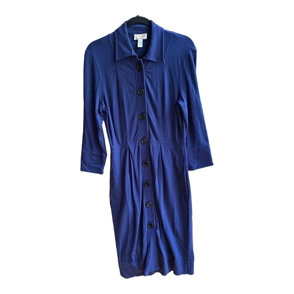 Talbots Size 4 Blue 3/4 Sleeve Collared Button Front Knee Length Shirt Dress - Picture 2 of 7